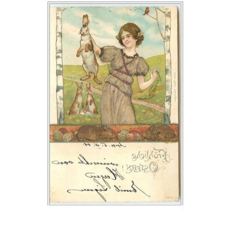 n°5297- Fröhliche Ostern - Femme tenant un lapin - Carte avec des perles