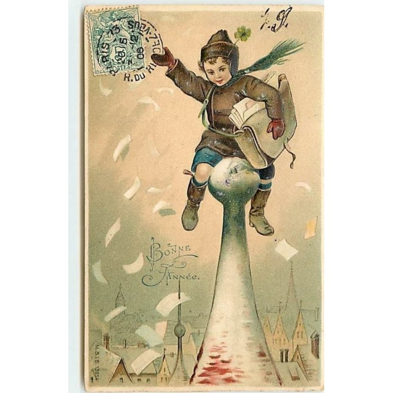 n°12123 - Carte Gaufrée - Nouvelle Année - Garçon au sommet d'un toit