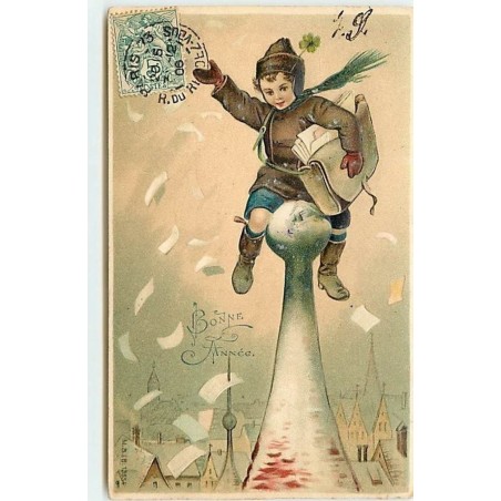 n°12123 - Carte Gaufrée - Nouvelle Année - Garçon au sommet d'un toit