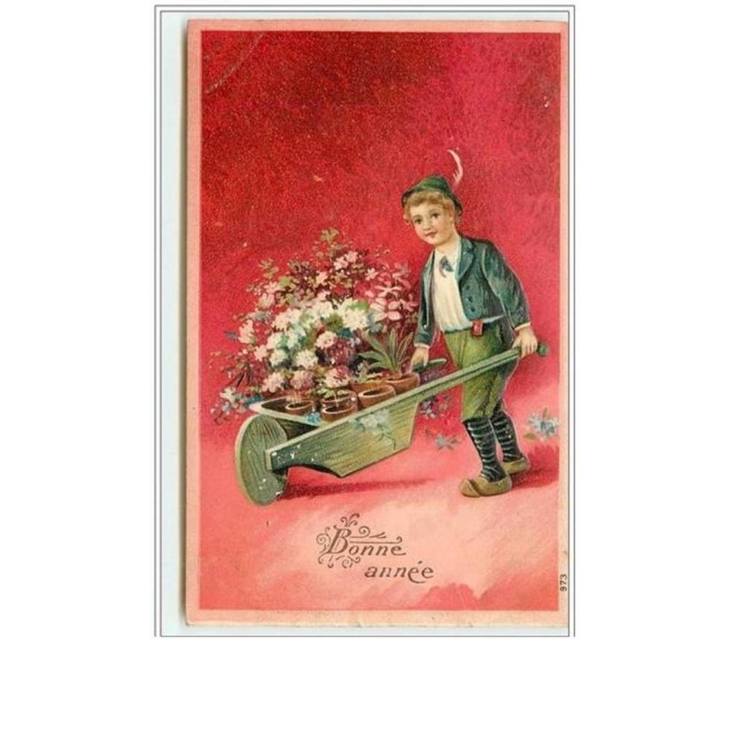 n°530- Carte Gaufrée -  Bonne Année - Garçon avec une brouette
