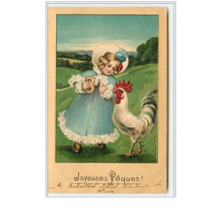 n°5332 - Carte Gaufrée - Joyeuses Pâques - Fillette avec un coq