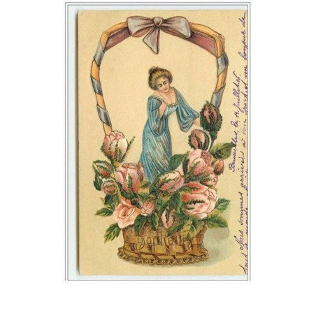 n°5348 - Carte Gaufrée - Bonheur - Femme dans une Corbeille de roses
