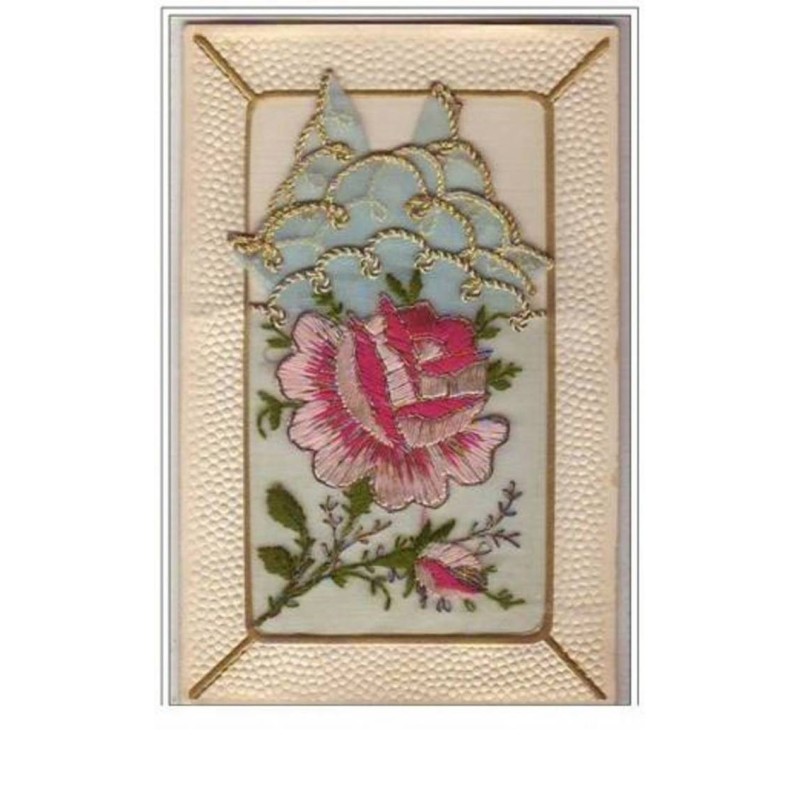 n°5358 - Carte Brodée avec pochette bleue - Rose