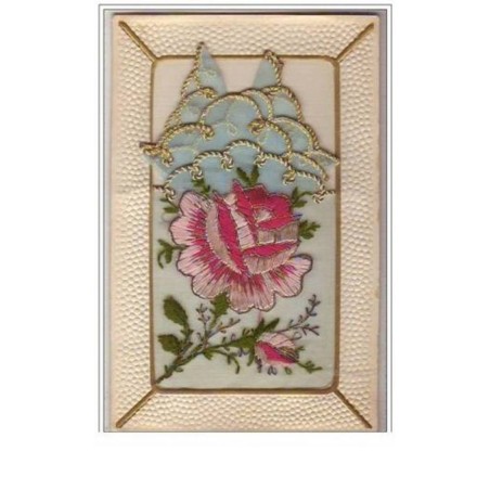 n°5358 - Carte Brodée avec pochette bleue - Rose