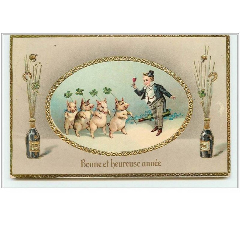 n°5377 - Bonne et Heureuse Année - Cochons défilants avec des trèfles - champagne