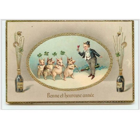 n°5377 - Bonne et Heureuse Année - Cochons défilants avec des trèfles - champagne