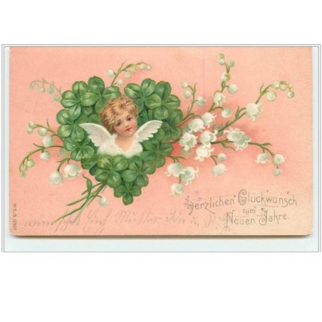 n°5378 - Herzlichen Glückwunsch zum Neuen Jahre - Visage d'angelot dans un coeur de trèfles - Muguet
