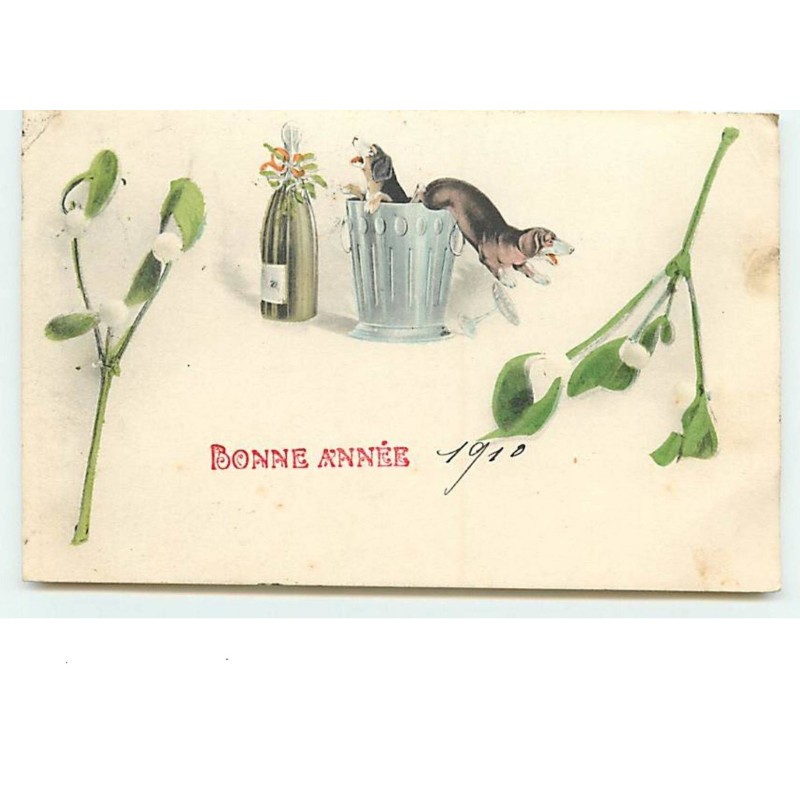 n°12126 - Bonne Année - Teckels sortant d'un seau de Champagne