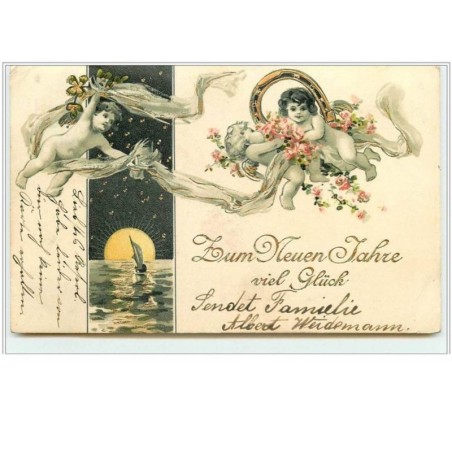 n°5379 - Zum Neuen Jahre  viel Glück - Angelots et coucher de soleil sur la mer