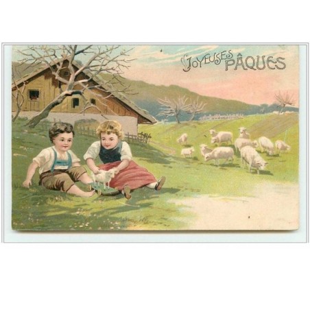 n°5386 - Carte Gaufrée - Joyeuses Pâques - Fillette et Garçon assis dans une prairie