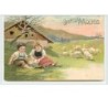 n°5386 - Carte Gaufrée - Joyeuses Pâques - Fillette et Garçon assis dans une prairie