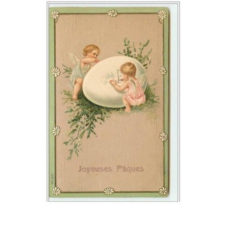 n°5387 - Carte Gaufrée - Joyeuses Pâques - Angelots décorant un oeuf
