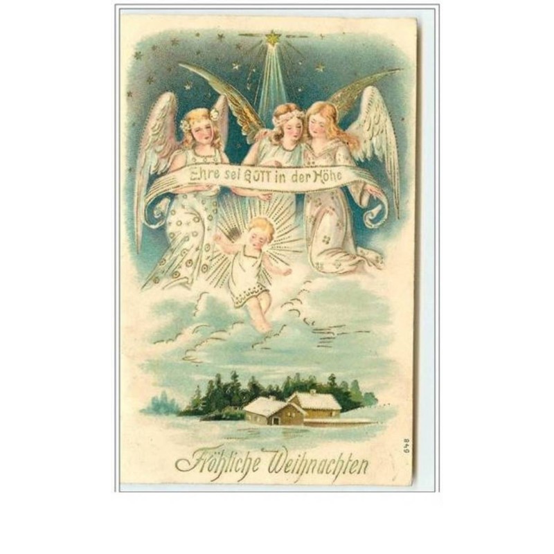 n°5395 - Carte Gaufrée - Fröhliche Weihnachten - Anges avec une banderole