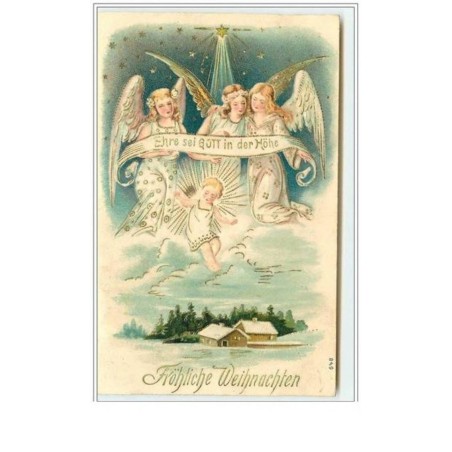 n°5395 - Carte Gaufrée - Fröhliche Weihnachten - Anges avec une banderole
