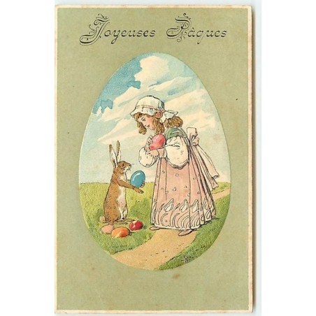 n°12138 - Carte Gaufrée - Joyeuses Pâques - Fillette et un lièvre