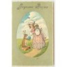 n°12138 - Carte Gaufrée - Joyeuses Pâques - Fillette et un lièvre