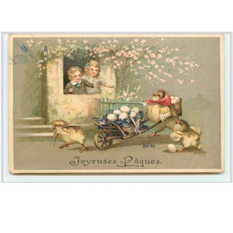n°5429 - Carte Gaufrée - Joyeuses Pâques - Poussin avec une brouette