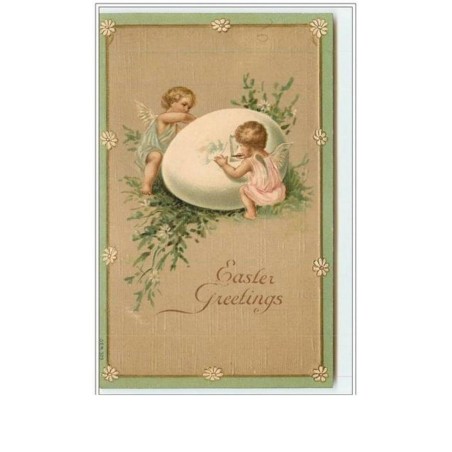 n°548 - Carte Gaufrée -  Easter Greetings - Angelots décorant un oeuf