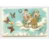 n°5500 - Carte Gaufrée - Angelots dans un char tiré par des papillons