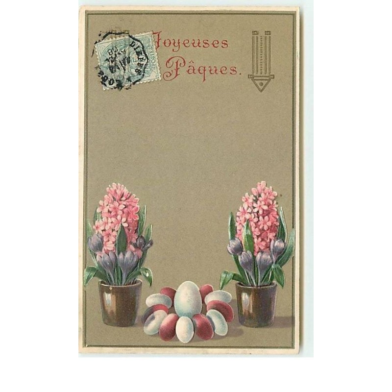 n°5531 - Carte Gaufrée - Joyeuses Pâques - Pots de fleurs et oeufs