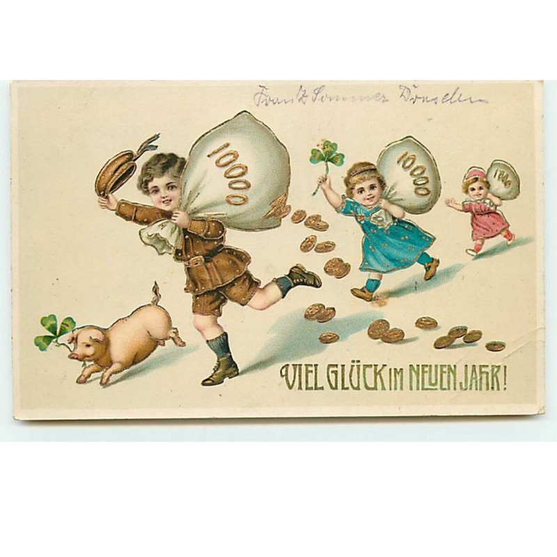 n°5536 - Viel Glück im Neuen Jahr - Enfants avec des sacs de pièces - cochon