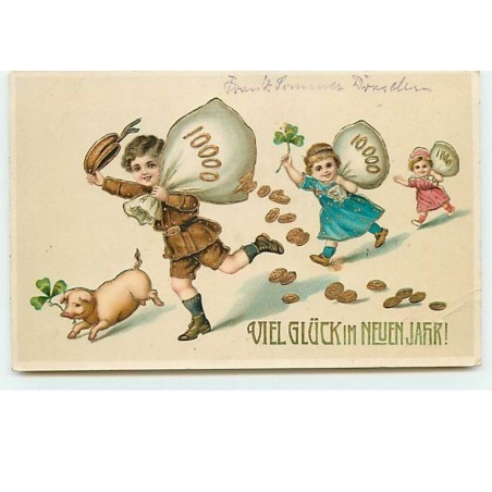 n°5536 - Viel Glück im Neuen Jahr - Enfants avec des sacs de pièces - cochon