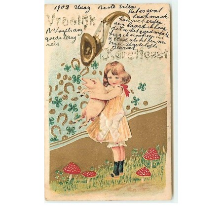 n°5539 - Carte Gaufrée - Enfant, cochon et corne d'abondance