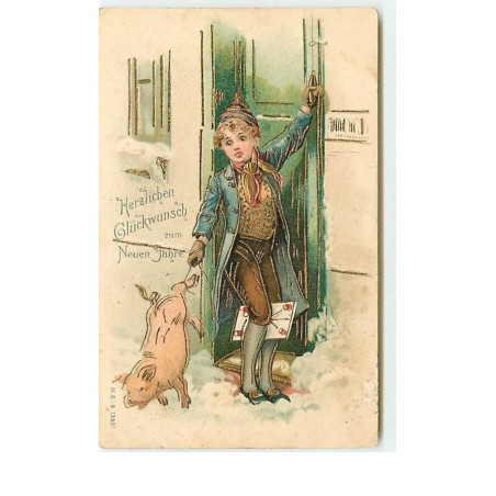 n°5542 - Carte légèrement Gaufrée - Herzlichen Glückwunsch zum neuen Jahre - Enfant et cochon devant une porte