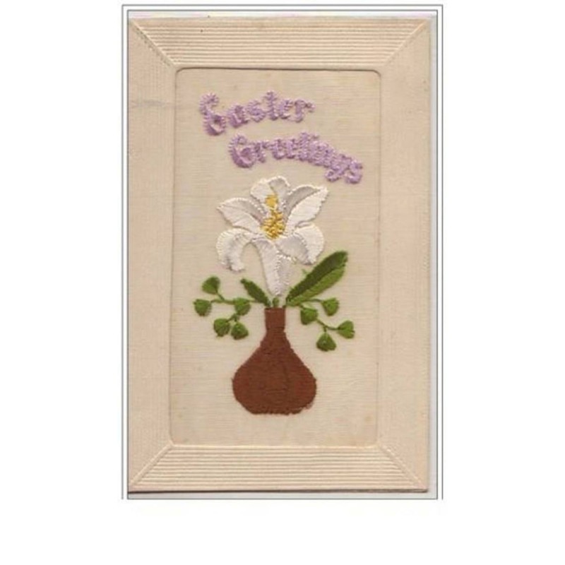 n°5560 - Carte Brodée - Easter Greetings - Vase avec une fleur blanche