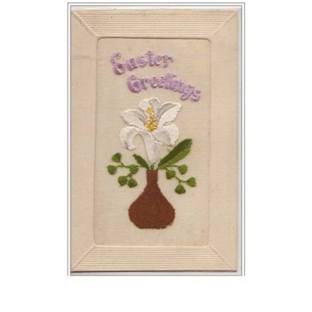 n°5560 - Carte Brodée - Easter Greetings - Vase avec une fleur blanche