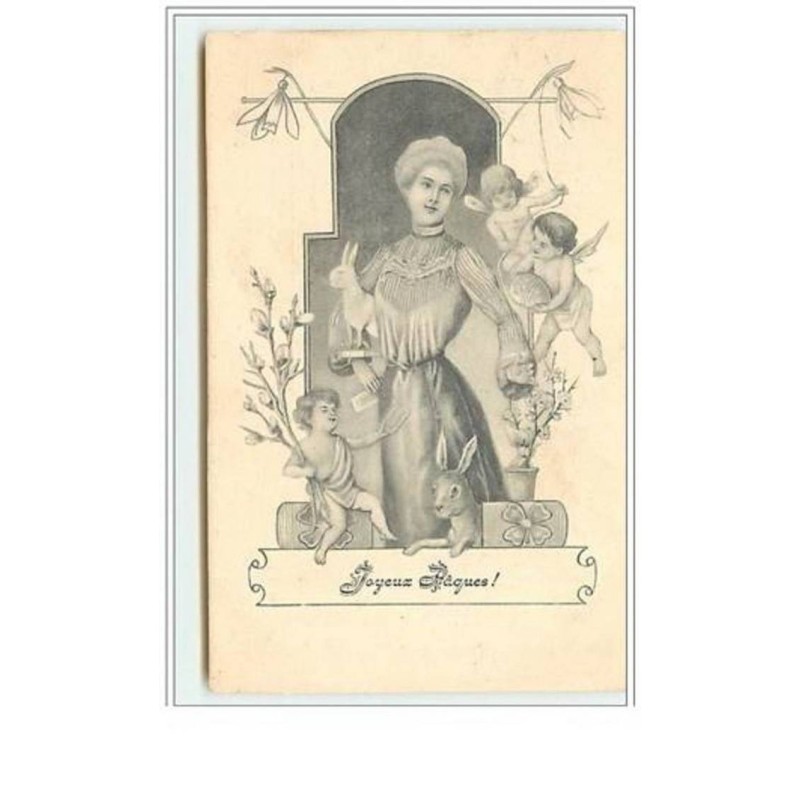 n°5581 - Joyeux Pâques - Femme, angelots, lapins