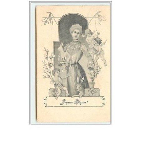 n°5581 - Joyeux Pâques - Femme, angelots, lapins