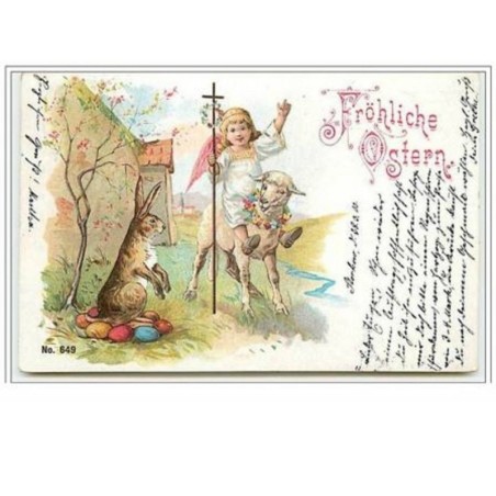 n°5591 - Fröhliche Ostern - Angelot sur un mouton, lapin