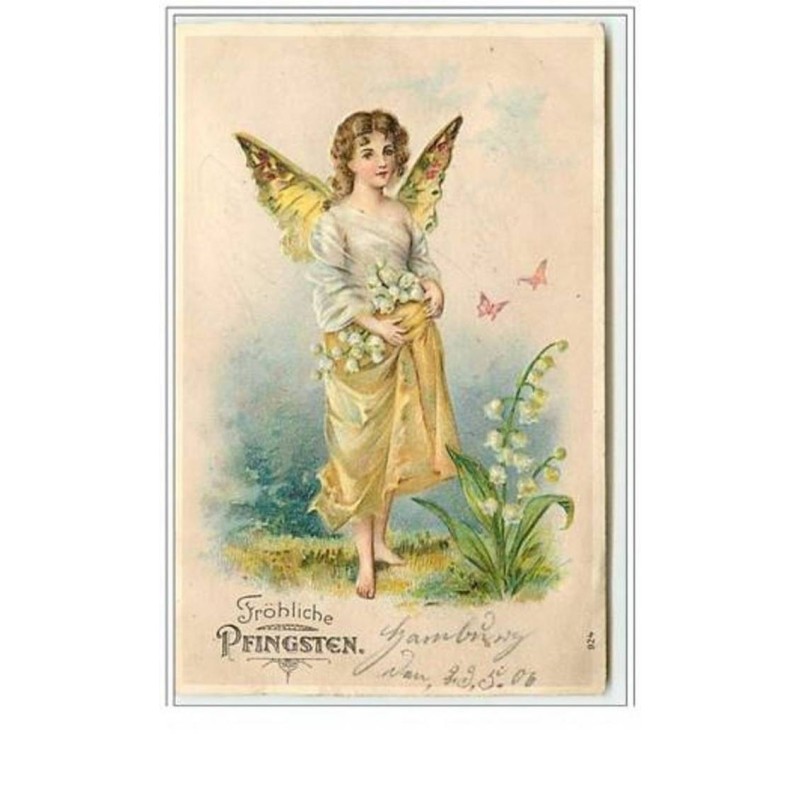 n°5595 - Carte Gaufrée - Fröhliche Pfingsten - Elfe, angelot, ange drapé jaune avec du muguet