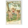 n°5650 - Carte Gaufrée - Autant de baisers que de fleurs - Anges faisant de la balançoire