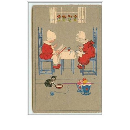 n°5669 - Fillettes lisant et cousant - chat