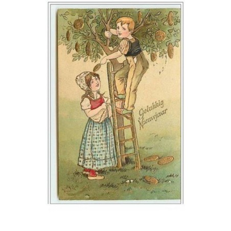 n°5680 - Carte Gaufrée - Gelukkig Nieuwjaar - Enfant cueillant des pièces d'or dans un arbre