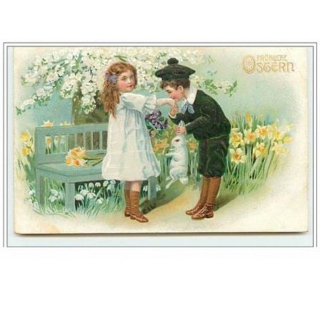 n°5682 - Carte Gaufrée - Fröhliche Ostern - Garçon faisant le baise main avec un lapin dans la main