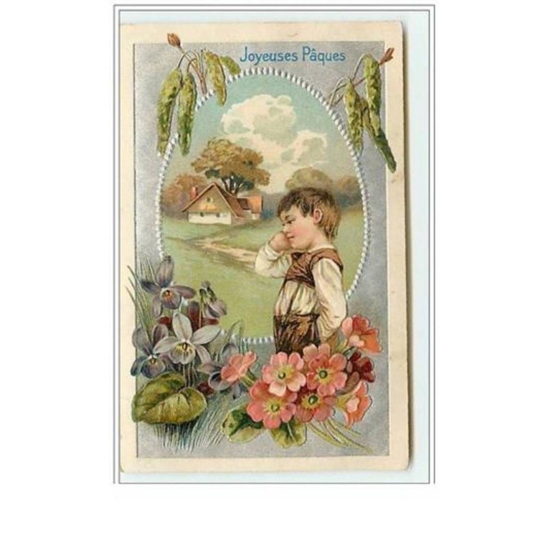n°5683 - Carte Gaufrée - Joyeuses Pâques - Enfant accoudé