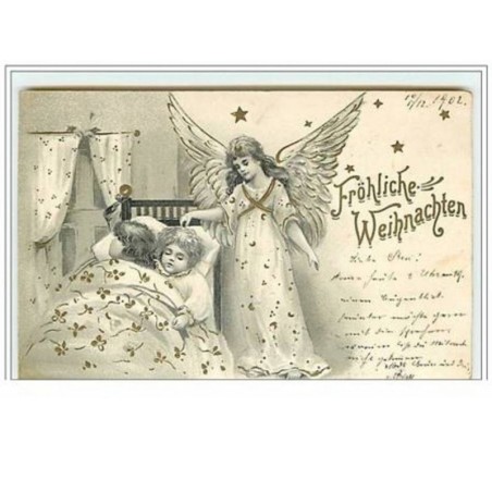 n°5695 - Carte Gaufrée - Fröhliche Weihnachten - Enfants dormant et ange gardien
