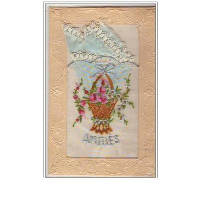 n°5709 - Carte Brodée avec pochette bleue ciel - Amitiés - Panier avec des fleurs