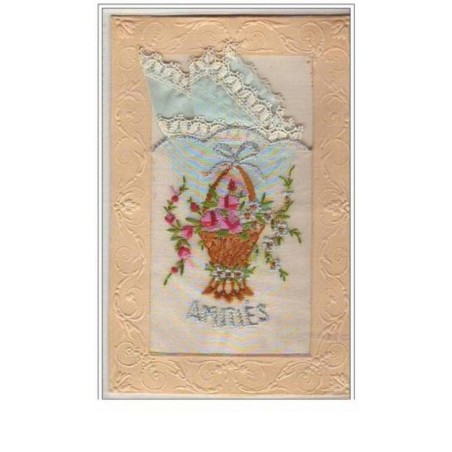 n°5709 - Carte Brodée avec pochette bleue ciel - Amitiés - Panier avec des fleurs