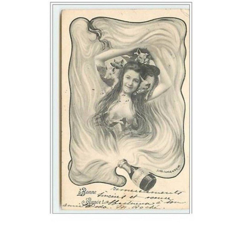 n°5728 - Bonne Année - Art Nouveau - Jeune femme avec un cochon