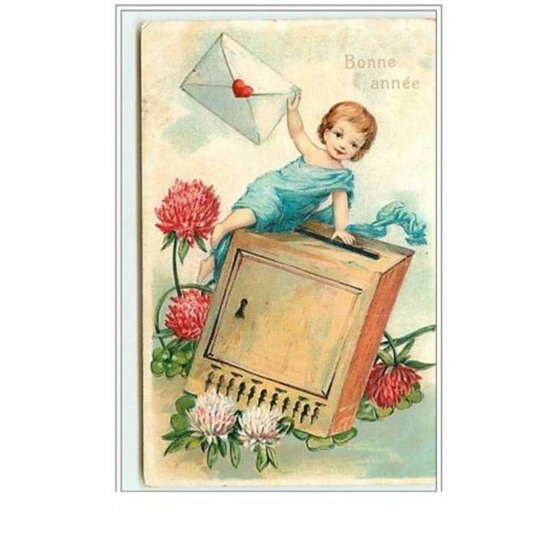 n°5732 - Carte Gaufrée - Bonne Année - Enfant avec une lettre au dessus d'une boite aux lettres