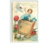 n°5732 - Carte Gaufrée - Bonne Année - Enfant avec une lettre au dessus d'une boite aux lettres