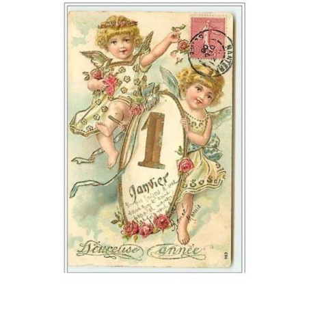 n°5735 - Carte gaufrée - Heureuse Année - Angelots, 1er janvier