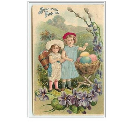 n°5777 - Carte Gaufrée - Joyeuses Pâques - Enfants avec des oeufs