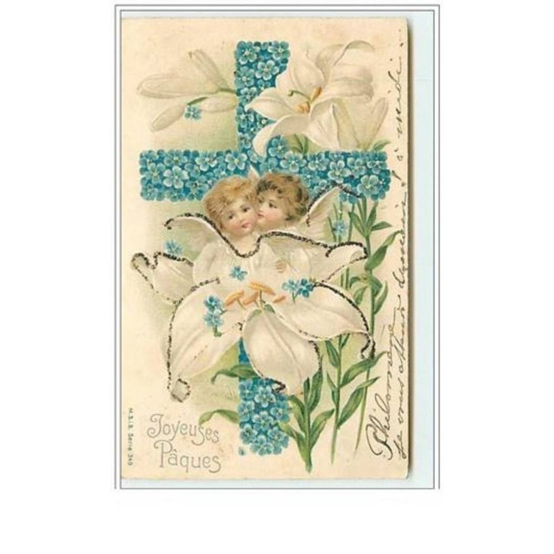 n°5779 - Carte Gaufrée - Joyeuses Pâques - Angelots dans une fleur blanche