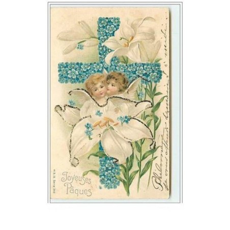 n°5779 - Carte Gaufrée - Joyeuses Pâques - Angelots dans une fleur blanche
