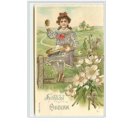 n°5781 - Carte Gaufrée - Fröhliche Ostern - Fillette assise sur une barrière avec des oeufs
